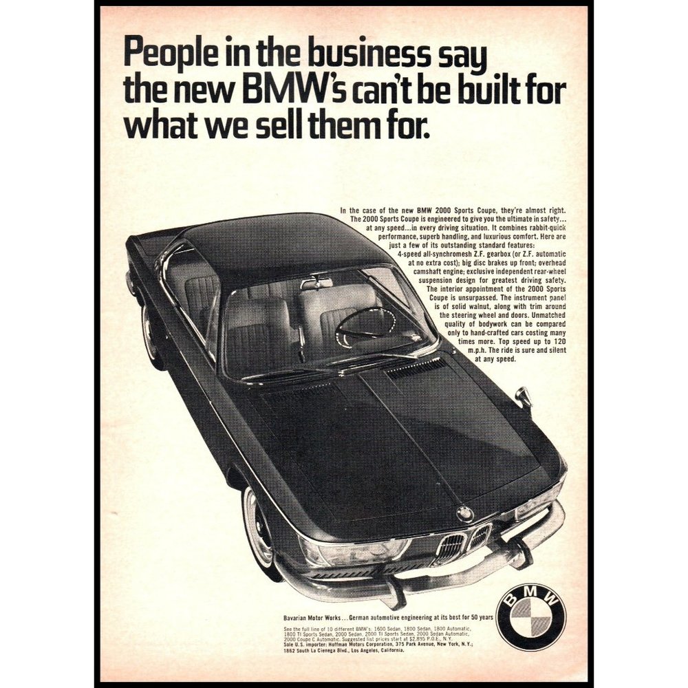 1966 BMW 2000 Sports Coupe Vintage Print Ad German Sports Car Wall Art Photo